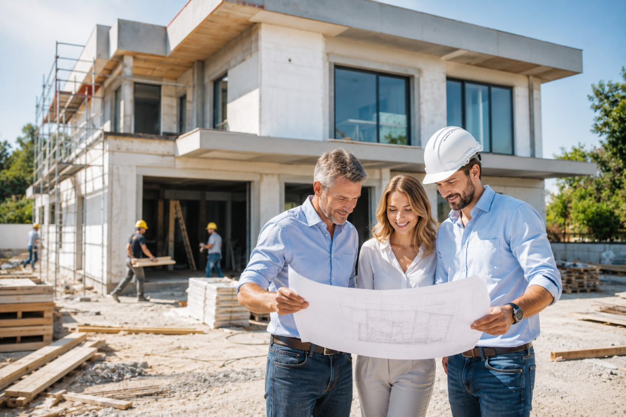 Professionelle Beratung auf moderner Hausbaustelle mit Bauherren und polnischer Baufirma vor einem hochwertigen Neubau bei Tageslicht