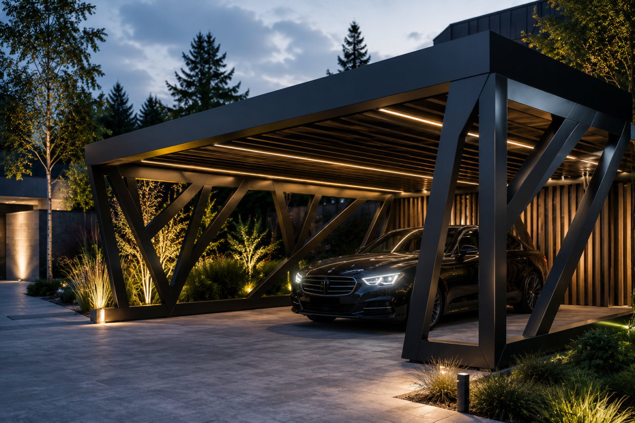 Moderner schwarzer Luxus-Carport aus Stahl mit LED-Beleuchtung und elegantem Fahrzeug vor einem modernen Haus am Abend