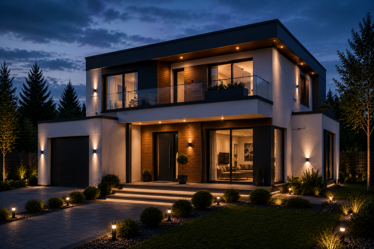 Modernes zweistöckiges Fertighaus mit großer Glasfront, stilvoller LED-Beleuchtung und moderner Architektur bei Abendstimmung