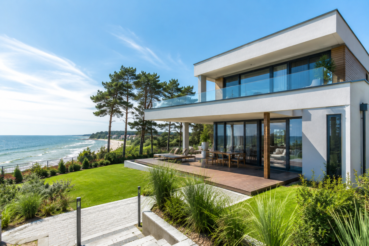 Modernes luxuriöses Haus an der polnischen Ostsee mit großer Terrasse, Panorama Fenstern und Meerblick bei sonnigem Tageslicht