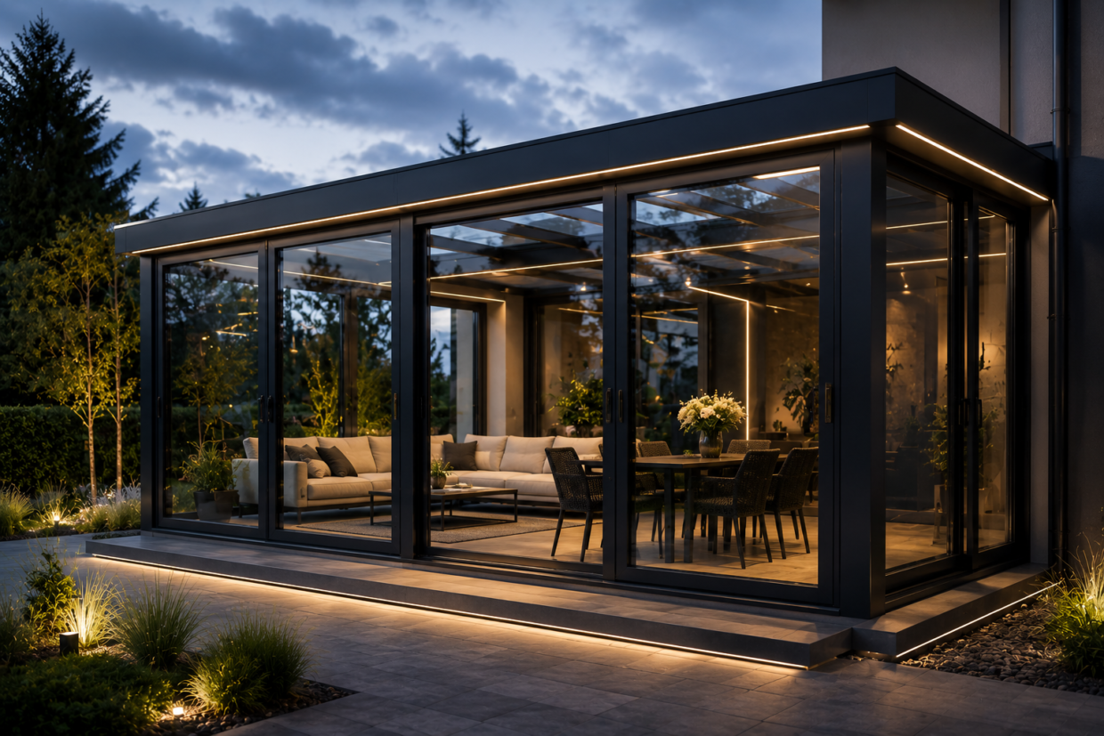Moderner Wintergarten aus Glas und schwarzem Aluminium mit LED-Beleuchtung und luxuriöser Inneneinrichtung bei Abendstimmung neben einem modernen Haus