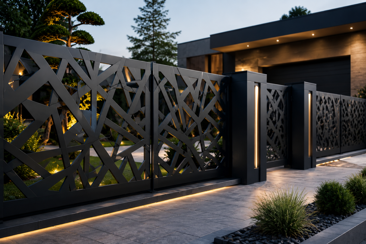 Moderner schwarzer Designerzaun aus Metall mit LED-Beleuchtung vor einem luxuriösen modernen Haus bei Abendstimmung