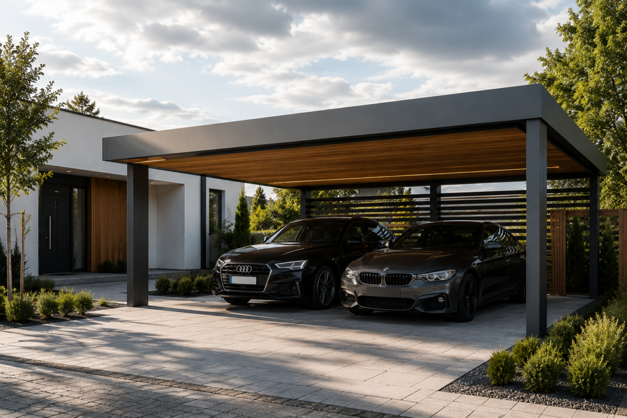 Moderner Doppelcarport aus Polen mit zwei hochwertigen Fahrzeugen vor einem modernen Einfamilienhaus bei sonnigem Tageslicht und realistischem Himmel mit natürlichen Wolken.