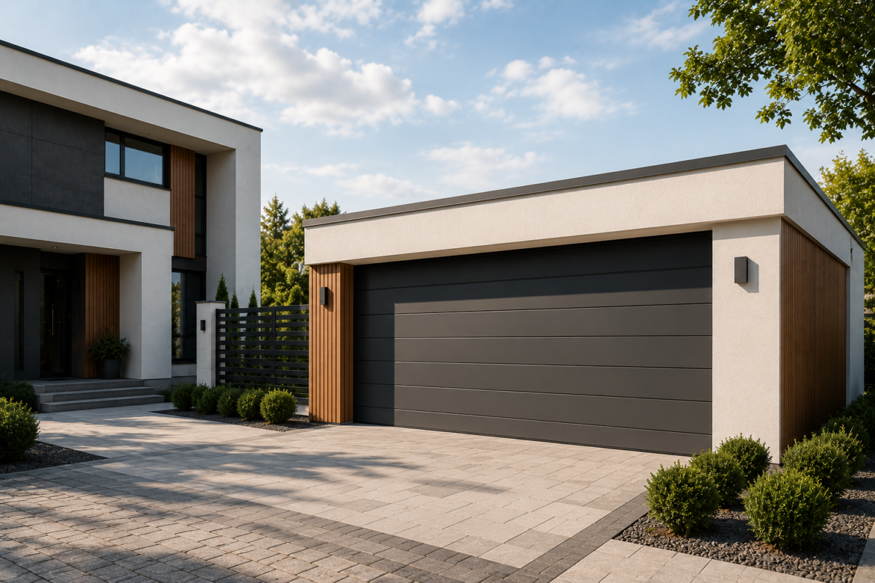Moderne Fertiggarage aus Polen mit großem schwarzem Sektionaltor neben einem stilvollen modernen Einfamilienhaus bei sonnigem Tageslicht und realistischem Himmel mit natürlichen Wolken.