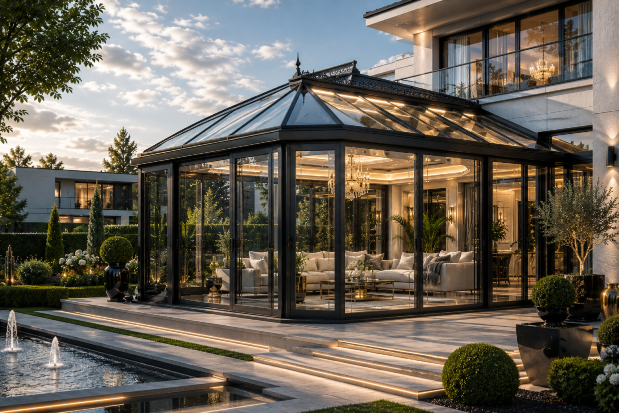 Luxuriöser moderner Wintergarten aus Polen mit großer Panorama-Verglasung, stilvoller Designer-Einrichtung, eleganter Beleuchtung und hochwertiger Außenanlage bei sonnigem Tageslicht und realistischem Himmel.